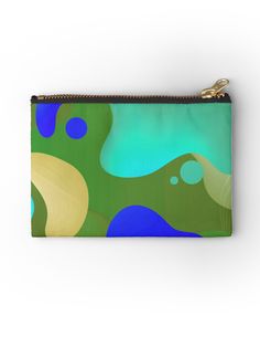 a green, blue and yellow abstract painting zippered pouch bag with gold zip closure