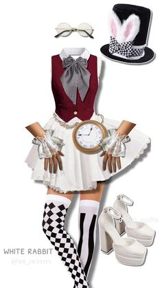 a woman dressed in white and black is standing next to a clock with her hands on her hips