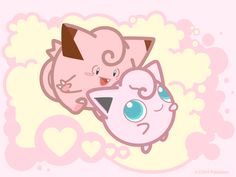 two cartoon cats hugging each other in front of a pink background with clouds and hearts