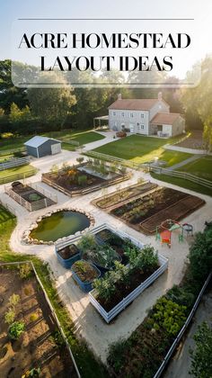 Aerial view of a homestead with a large garden, pond, and fenced areas. A farmhouse sits in the background surrounded by lush greenery. Tranquil and organized.