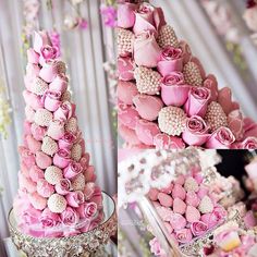 the cake is decorated with pink flowers and pearls on it's top, while another photo has been taken