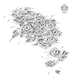 an artistic drawing of many different eyes