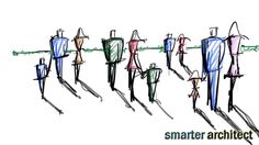 a drawing of people standing in line with the words smarter architecture on it's side