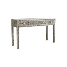 an ornate console table with three drawers and two knobs on the top, in white