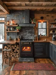 a stove top oven sitting inside of a kitchen next to a wooden table and chairs