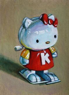 a painting of a hello kitty figure with a red bow on its head and legs