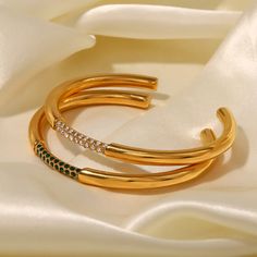 18k Gold Plated Stainless Steel Tarnish Free Nickel & Lead Free Hypoallergenic Fashion Texture, Open Bangle, Green Diamond, Custom Earrings, Childrens Jewelry, White Rhinestone, Gold Plated Bracelets, Custom Bracelets, Diamond Fashion