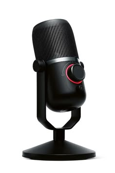 a black microphone on top of a stand with a red light coming from it's side