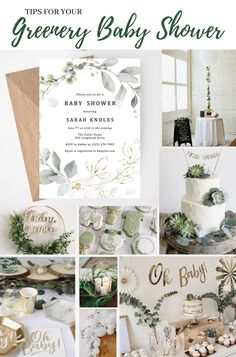 a collage of baby shower pictures with greenery on the top, and other items