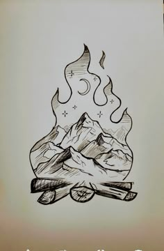 a drawing of a campfire with mountains in the background