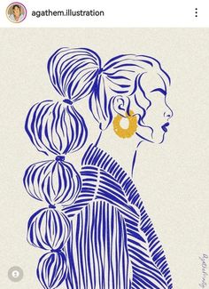 a drawing of a woman with blue hair and earrings