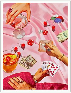 a painting of people playing cards at a table with drinks and dices on it