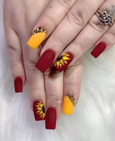 Red And Yellow Nails, Yellow Nail Art, Yellow Nails Design, August Nails, Red Nail Art, Fall Nail Art Designs, Fancy Nails Designs