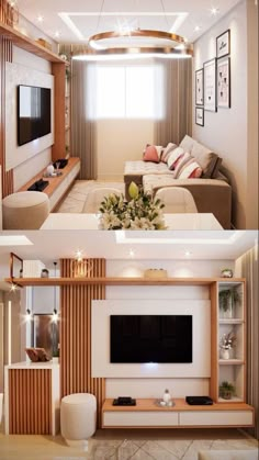 this living room is decorated in white and wood