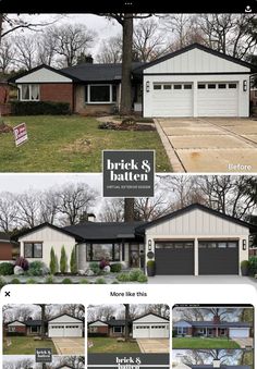 the before and after pictures of a house in brick and batonn, texas with two garages on each side