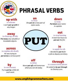 a poster with words that say phrasal verbs and the phrase put on it