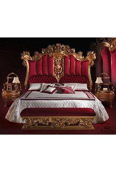 a red and gold bed in a dark room