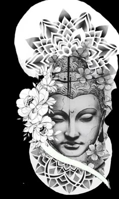 a black and white photo of a buddha statue with flowers on it's head