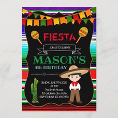 a mexican fiesta birthday party card with a boy wearing a sombrero and hat