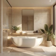 a large white bath tub sitting next to a bathroom sink under a mirror and potted plant