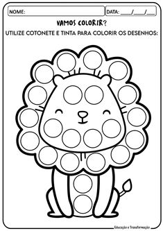 a lion coloring page with dots on the front and back side, which is black and white