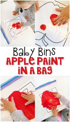 an apple painting in a bag with hands and fingers on it, while the child is making