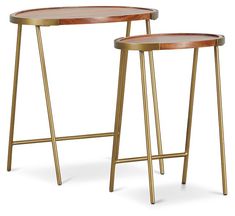 two wooden tables sitting next to each other on top of a white surface with gold legs