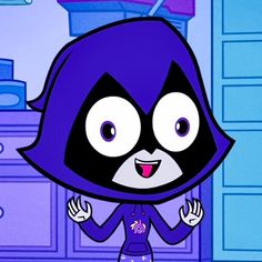 a cartoon character in a purple outfit with big eyes