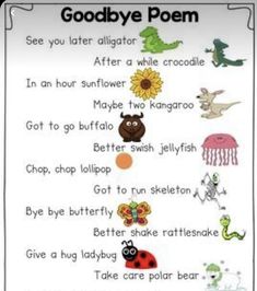 the goodbye poem with pictures of animals and other things to write on it, including flowers