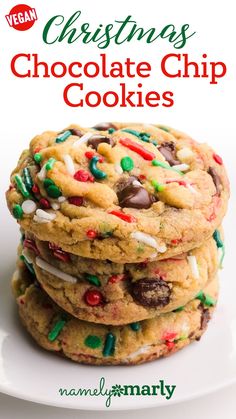 three cookies stacked on top of each other with the title christmas chocolate chip cookies in the middle