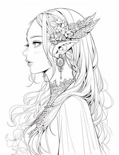 a girl with long hair and flowers in her hair, wearing a headdress