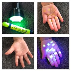 four different pictures of hands with glow in the dark paint on them and one has a pen