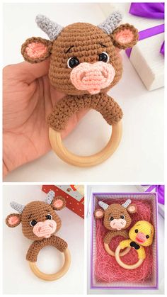 a hand holding a wooden ring with an animal on it's side and two pictures of