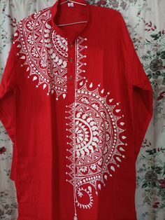 Hand painted Men's Kurta, Mandala art on kurta, Party Wear Kurta, All size Available Give yourself a best ethnic look by wearing this Kurta. Fully hand painted mandala art on this kurta. This outfit will look apart on special occasions. Mandala Art On Cloth, Red Block Print Straight Kurta, Red Straight Kurta With Block Print, Red Bohemian Kurta For Diwali, Traditional Festival Kurta With Printed Motifs, Traditional Block Print Kurta For Festival, White Kurta With Bandhani Print For Festivals, Red Printed Kurta For Festive Occasions, Festive Red Printed Kurta