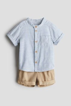 Infant Boy, Dusty Green, Shirt And Shorts, 2020 Fashion Trends, Cotton Set, Band Collar, Green Cream, Woven Cotton, Cotton Weaving