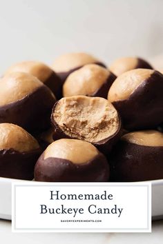 homemade buckeye candy in a white bowl with the words, homemade buckeye candy