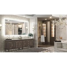 an elegant bathroom with chandelier and double sinks