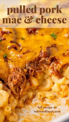 pulled pork macaroni and cheese in a white casserole dish with text overlay