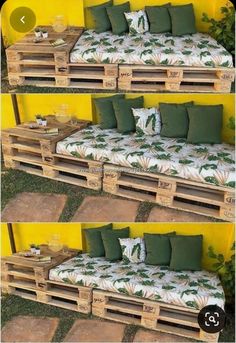 two pictures of a couch made out of wooden pallets with pillows on top and bottom