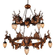 a chandelier with deer heads and lights hanging from it's center point