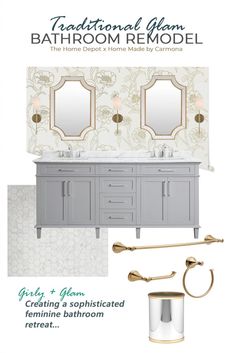 the bathroom remodel flyer is shown with two sinks and a gold faucet