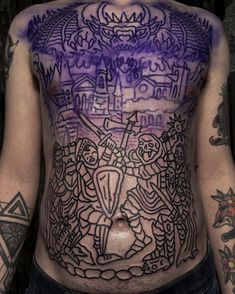 a man with many tattoos on his chest and back is standing in front of the camera