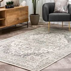 a living room with a chair, rug and potted plant on the side table