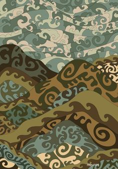 an abstract painting with waves and swirls in green, brown and blue colors on the surface