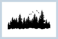 a black and white silhouette of trees with birds flying over them