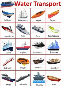 a poster with different types of boats and ships on it's sides, including the names