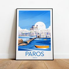 a framed poster with the words paros on it in front of a white wall