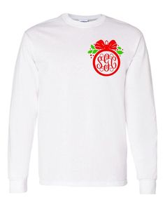 Mistletoe Ornament Monogram Tee - White Longsleeves White Long Sleeve T-shirt For Holiday, Mistletoe Ornament, Sublimation Crafts, Fundraiser Ideas, Monogram Shirts, Big Promotion, Jolly Christmas, Holiday Shirts, Holly Jolly