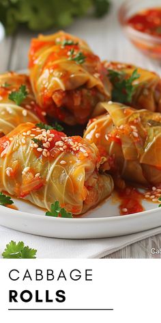 cabbage rolls on a white plate with garnishes