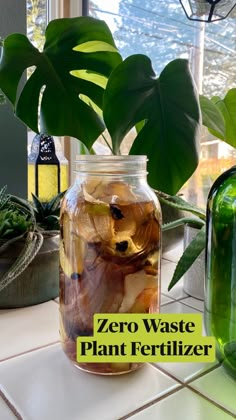 a glass jar filled with pickled vegetables on top of a counter next to a potted plant